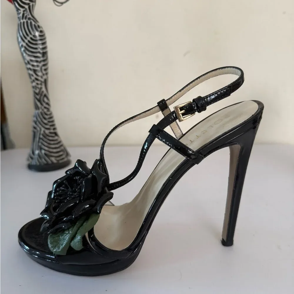 Poletto Black Stiletto Heels with Floral Detail 6 Used Once (like new) see pics